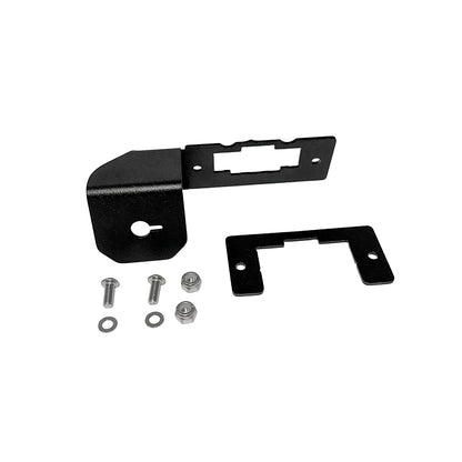 GDP Rotary Switch Bracket for 2023-2026 6.7L Ford Powerstroke - two-piece black powder-coated bracket with rotary switch cutout, OBDII port opening and stainless mounting hardware