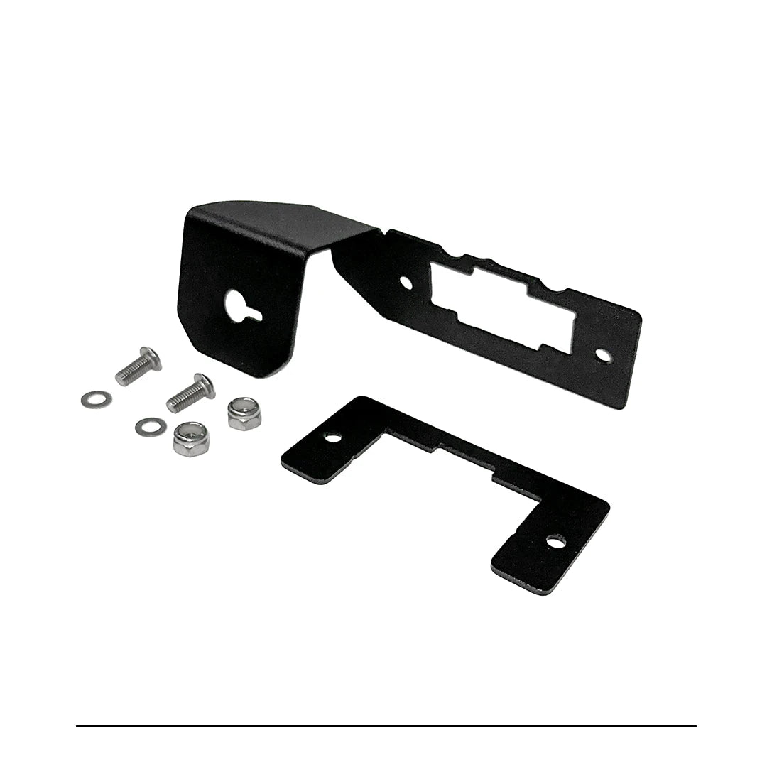 GDP Rotary Switch Bracket 2023-2026 6.7L Ford Powerstroke - angled view of the switch mounting face, OBDII port opening and included bolts, washers and lock nuts
