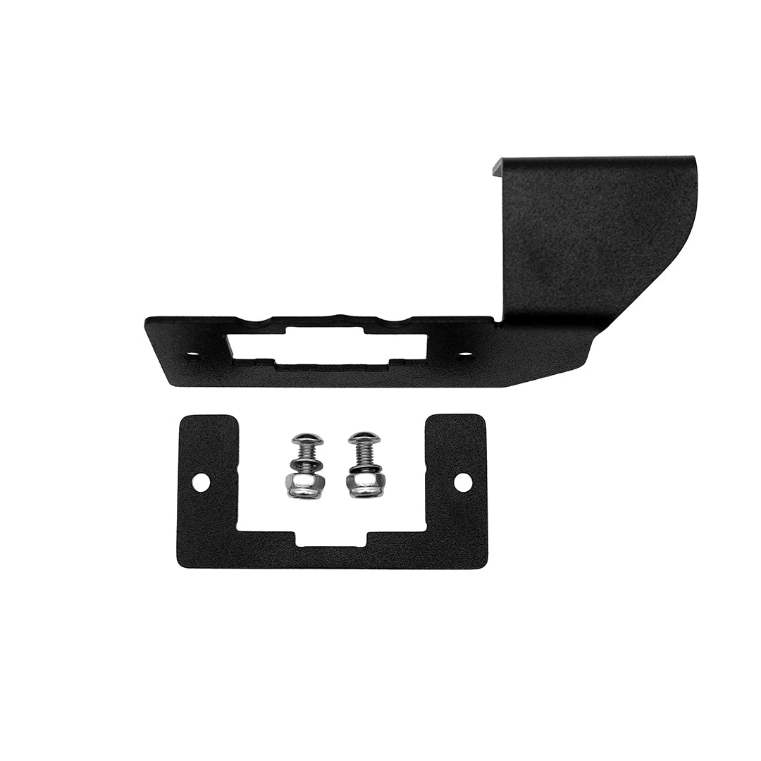GDP Rotary Switch Bracket 2023-2026 6.7L Ford Powerstroke - angled view of the rotary switch mounting tab with backing plate and stainless hardware